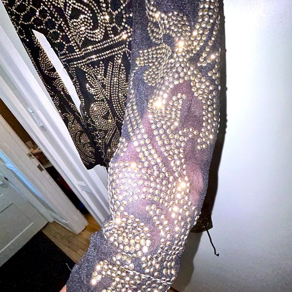 Gold Gem Cut-Out Dress with Mesh Sleeves - Picture 4 of 7